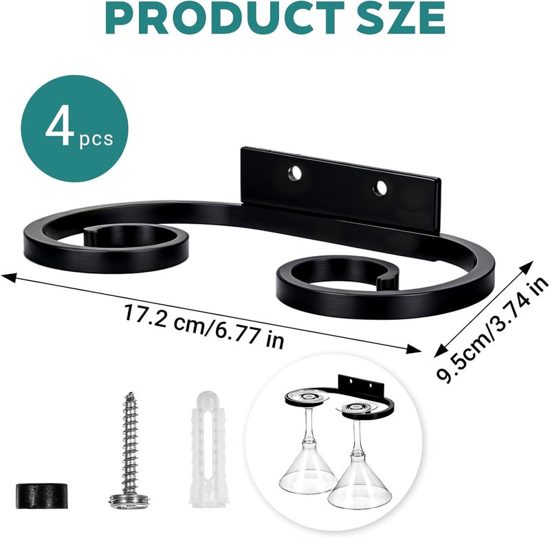 Ubamdom 4 Pcs Metal Black Wine Cup Hanger Holder, Wine Glass Wall Holder, Under Shelf Cabinet Stemware Storage Organizer Stemware Storage Organizer for Kitchen, Dining Room, Bar (6.77 Inch) - Image 2